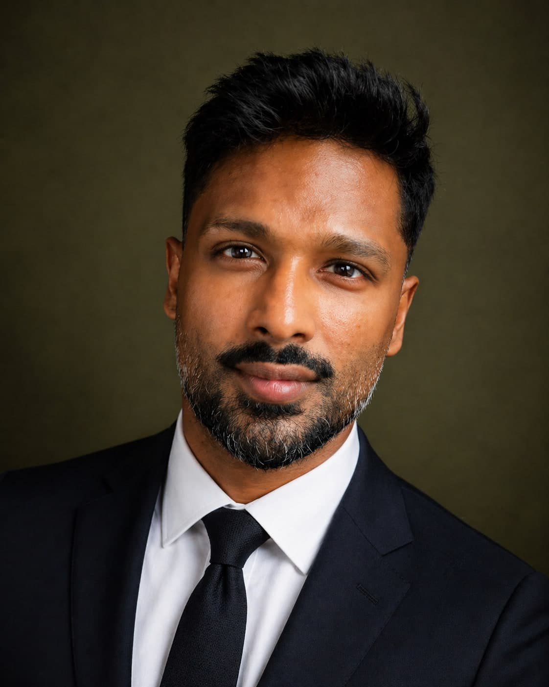 Studio portrait of attorney Daven Ghandi against a dark backdrop
