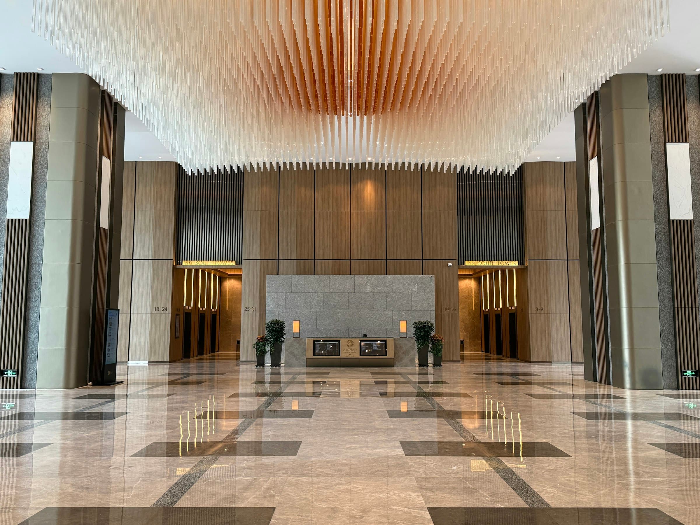 Polished marble floor of a modern commercial building lobby
