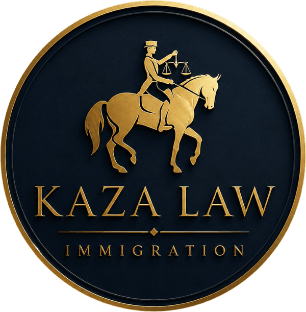 Kaza Law Immigration emblem — gold rider on horseback holding the scales of justice