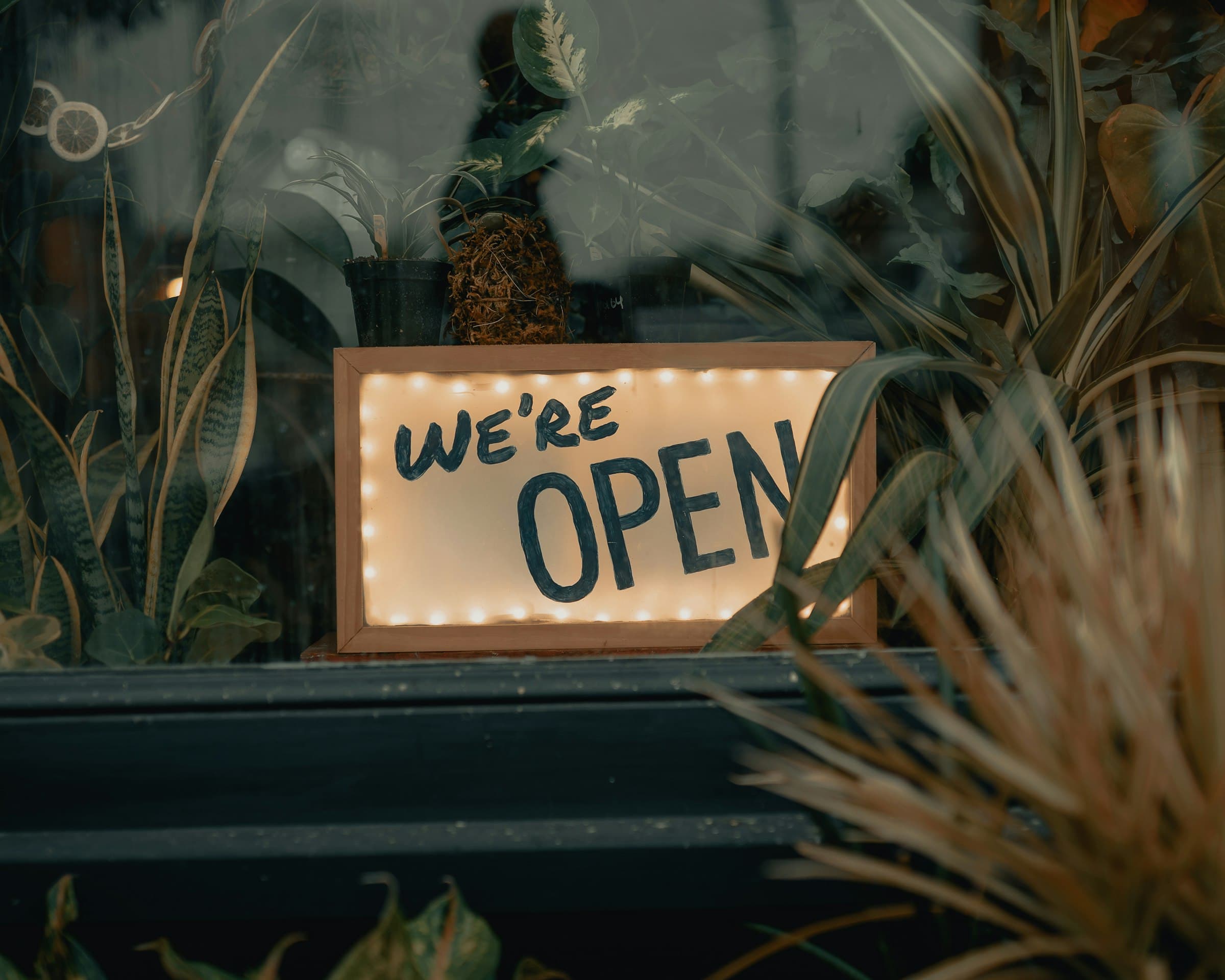 Illuminated open sign glowing in a small storefront window